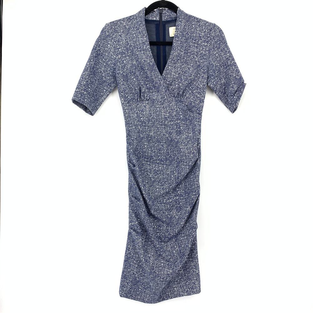 Nicole Miller Artelier V-Neck Short Sleeve Ruched Bodycon Dress Sz P XS Blue